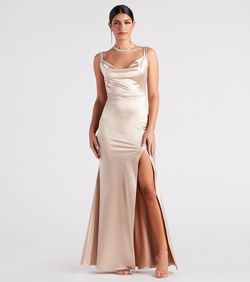 Style 05002-7205 Windsor Gold Size 8 Floor Length A-line Prom Side slit Dress on Queenly