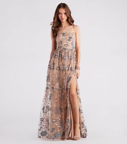 Style 05002-7018 Windsor Nude Size 12 Floor Length Lace Euphoria Side slit Dress on Queenly