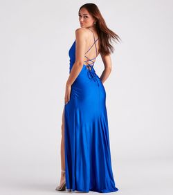 Style 05002-6967 Windsor Blue Size 4 Jersey Spaghetti Strap V Neck Side slit Dress on Queenly