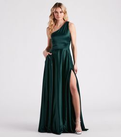 Style 05002-3022 Windsor Green Size 12 One Shoulder Black Tie Fitted Silk Side slit Dress on Queenly