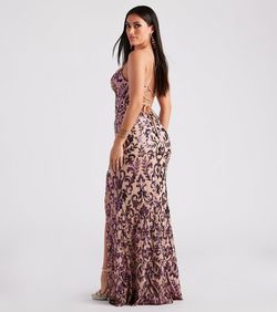 Style 05002-2898 Windsor Purple Size 8 Sequined Floor Length Mermaid Side slit Dress on Queenly