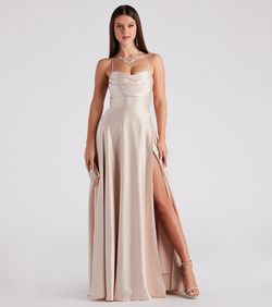 Style 05002-2853 Windsor Gold Size 4 Satin Tall Height Padded Prom Side slit Dress on Queenly