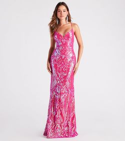 Style 05002-3000 Windsor Hot Pink Size 4 Embroidery Spaghetti Strap Tall Height Mermaid Dress on Queenly
