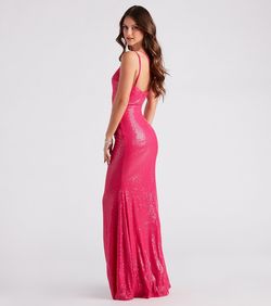 Style 05002-2885 Windsor Hot Pink Size 4 Shiny Mermaid Spaghetti Strap Tall Height Side slit Dress on Queenly