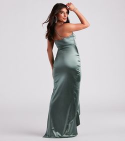 Style 05002-7212 Windsor Green Size 4 Satin Floor Length Side slit Dress on Queenly