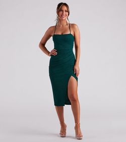 Style 05101-2259 Windsor Green Size 4 Mini Cocktail Homecoming Square Neck Side slit Dress on Queenly