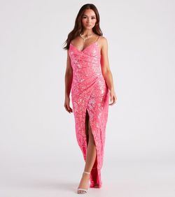Style 05002-2861 Windsor Pink Size 12 Floor Length V Neck Sequin Side slit Dress on Queenly
