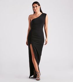 Style 05002-6899 Windsor Black Size 0 One Shoulder Bridesmaid Tall Height Side slit Dress on Queenly