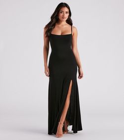 Style 05102-5058 Windsor Black Size 4 Jersey Tall Height Square Neck Side slit Dress on Queenly