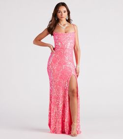 Style 05002-2974 Windsor Pink Size 4 Floor Length Sheer Jewelled Side slit Dress on Queenly