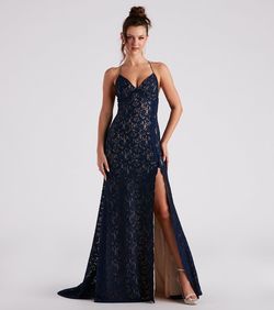 Style 05002-3151 Windsor Blue Size 0 Jersey Backless Lace Black Tie Side slit Dress on Queenly