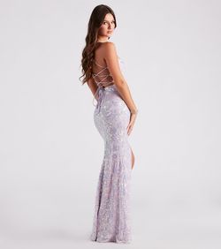 Style 05002-6926 Windsor Purple Size 4 Sheer Black Tie Spaghetti Strap Prom Side slit Dress on Queenly