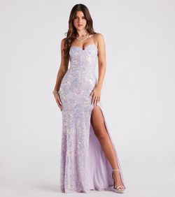 Style 05002-6926 Windsor Purple Size 4 Sheer Black Tie Spaghetti Strap Prom Side slit Dress on Queenly
