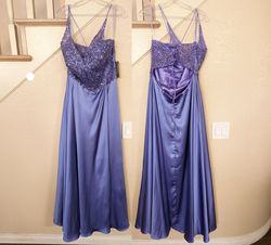 Style Periwinkle Sequined Floral Sleeveless A-line Satin A-line Gown Amelia Couture Purple Size 16 Sheer Jewelled Side Slit Ball gown on Queenly
