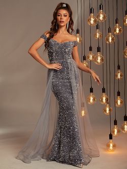 Style FSWD0478 Faeriesty Gray Size 0 Sheer Sequined Mermaid Dress on Queenly