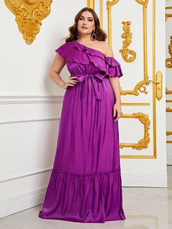 Style FSWD0858P Faeriesty Purple Size 20 One Shoulder Tall Height Tulle Polyester Military A-line Dress on Queenly