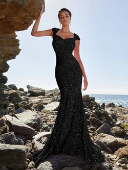 Style FSWD0397 Faeriesty Black Size 4 Jersey Sequin Prom Military Mermaid Dress on Queenly