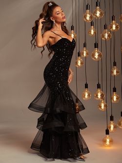 Style FSWD0174 Faeriesty Black Size 16 Spaghetti Strap Fswd0174 Sequin Mermaid Dress on Queenly