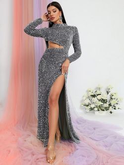 Style FSWD0593 Faeriesty Silver Size 0 Sleeves Sequin Long Sleeve Side slit Dress on Queenly