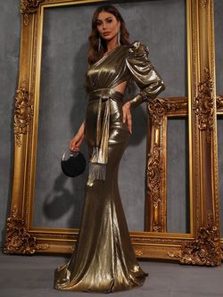 Style FSWD0519 Faeriesty Gold Size 4 Jewelled Jersey One Shoulder Straight Dress on Queenly