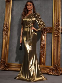 Style FSWD0519 Faeriesty Gold Size 4 Belt One Shoulder Jersey Straight Dress on Queenly