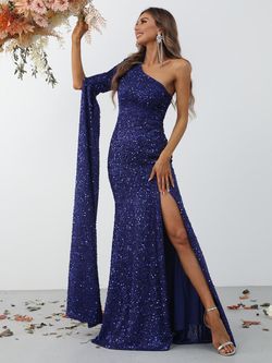 Style FSWD0789 Faeriesty Blue Size 4 Sequined One Shoulder Euphoria Sleeves Side slit Dress on Queenly