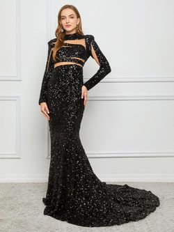Style FSWD0076 Faeriesty Black Size 0 Sequin Long Sleeve Tall Height Straight Dress on Queenly