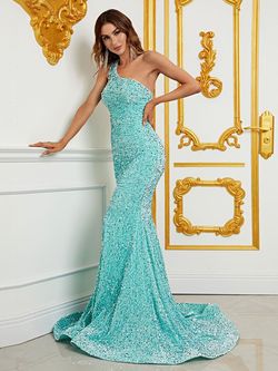 Style FSWD0588 Faeriesty Light Green Size 4 Polyester One Shoulder Sequined Mermaid Dress on Queenly