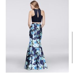 David's Bridal Blue Size 2 Floral Prom Medium Height Navy Mermaid Dress on Queenly