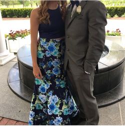 David's Bridal Blue Size 2 Floral Prom Medium Height Navy Mermaid Dress on Queenly