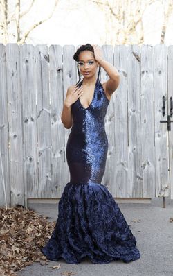 MYSTiiK Styles  Blue Size 2 Lace Silk Sequin Mermaid Dress on Queenly