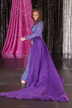 Ashley Lauren Purple Size 2 Floor Length Fully-beaded Sleeves Overskirt Straight Dress on Queenly