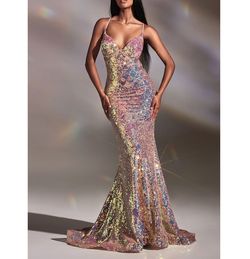 Style  Iridescent Blush Sleeveles Sequined Mermaid Print Formal Gown Cinderella Pink Size 2 Lace Floor Length Mermaid Dress on Queenly