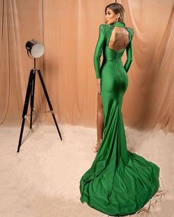Style AD2067 Albina Dyla Green Size 0 Sequined Jewelled Floor Length High Neck Side slit Dress on Queenly