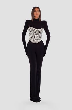 Style AD5030 Albina Dyla Black Tie Size 12 Pageant Long Sleeve Jumpsuit Dress on Queenly