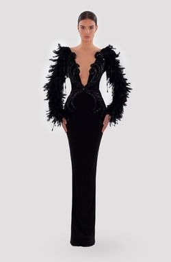 Style AD5012 Albina Dyla Black Size 4 Long Sleeve Floor Length Feather Straight Dress on Queenly