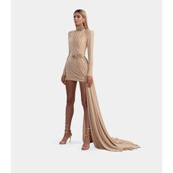 Style AD2031 Albina Dyla Gold Size 4 High Neck Embroidery Cocktail Dress on Queenly