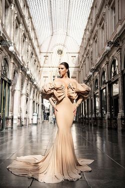 Style AD2181 Albina Dyla Gold Size 4 Ruffles Straight Dress on Queenly