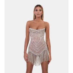 Style AD2028 Albina Dyla Silver Size 4 Shiny Tulle Fringe Cocktail Dress on Queenly