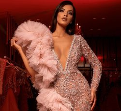 Style AD528 Albina Dyla Pink Size 4 Long Sleeve V Neck Plunge Tall Height Side slit Dress on Queenly