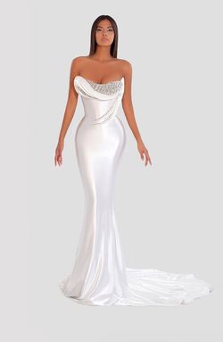 Style AD5033 Albina Dyla White Size 4 Tall Height Pageant Straight Dress on Queenly