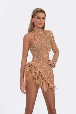 Style AD2205 Albina Dyla Gold Size 0 Pageant Sequined High Neck Jewelled Cocktail Dress on Queenly