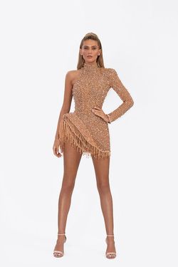 Style AD2205 Albina Dyla Gold Size 8 Sequined High Neck Jewelled Cocktail Dress on Queenly