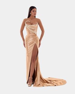 Style AD5114 Albina Dyla Gold Size 12 Pageant Corset Floor Length Side slit Dress on Queenly