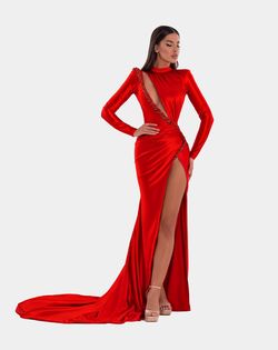 Style AD5108 Albina Dyla Red Size 16 Pageant Floor Length High Neck Side slit Dress on Queenly