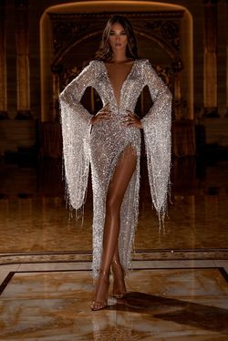 Style AD713 Albina Dyla Silver Size 0 Shiny Sleeves Fringe Side slit Dress on Queenly
