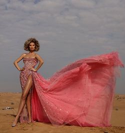 Style AD2153 Albina Dyla Pink Size 0 Jewelled Sequined Pageant Sequin Side slit Dress on Queenly