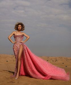 Style AD2153 Albina Dyla Pink Size 0 Jewelled Sequined Floor Length Tall Height Side slit Dress on Queenly