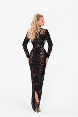 Style AD2207 Albina Dyla Black Size 4 Sequined High Neck Pattern Sleeves Straight Dress on Queenly