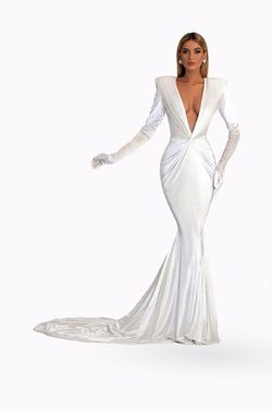 Style AD4003 Albina Dyla White Size 4 V Neck Shiny Pageant Floor Length Straight Dress on Queenly